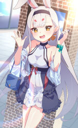 Rule 34 | 1girl, absurdres, animal ears, arms up, azur lane, bag, black skirt, breasts, brown eyes, cellphone, hairband, highres, long hair, looking at viewer, marimo daifuku, open mouth, outdoors, phone, rabbit ears, rabbit girl, shimakaze (azur lane), shirt, skirt, sleeveless, sleeveless shirt, smile, solo, thighs, two-tone skirt, waving, white hair, white shirt, white skirt