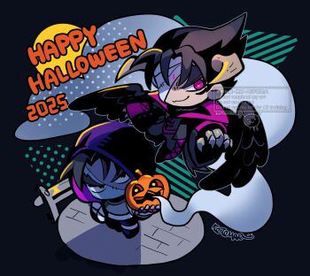 2boys :3 bandage_over_one_eye black_hair cloud commentary_request devil_jin facial_mark fence flying happy_halloween highres holding holding_pumpkin hood hood_up horns jack-o&#039;-lantern kazama_jin kotorai looking_at_viewer male_focus moon multiple_boys multiple_persona pumpkin smoke stitched_face stitches tekken v-shaped_eyebrows wings