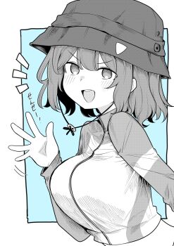 1girl :d blue_archive blue_background blush breasts bucket_hat commentary cropped_jacket greyscale_with_colored_background hand_up hat highres kinkuri07651 large_breasts long_sleeves looking_at_viewer medium_hair notice_lines open_mouth saki_(blue_archive) saki_(swimsuit)_(blue_archive) smile solo teeth upper_body upper_teeth_only v-shaped_eyebrows waving