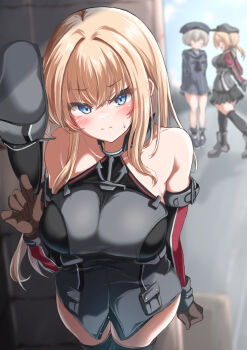 3girls bismarck_(kancolle) black_dress black_sailor_collar black_skirt black_thighhighs blonde_hair blue_eyes blush breasts clenched_hands closed_mouth commentary_request detached_sleeves dress faceless faceless_female grey_hair grey_hat hair_between_eyes hat kantai_collection kasashi_(kasasi008) large_breasts long_hair long_sleeves looking_at_viewer multiple_girls open_mouth pleated_skirt prinz_eugen_(kancolle) sailor_collar short_hair sidelocks skirt solo_focus standing strapless strapless_dress sweatdrop thighhighs z1_leberecht_maass_(kancolle)