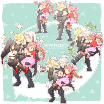 2girls 3boys 3mame_000_185 aerith_gainsborough armor bare_shoulders black_footwear black_gloves black_hair black_jacket black_pants black_skirt black_thighhighs blonde_hair boots bracelet braid braided_ponytail brown_footwear brown_hair carrying carrying_person cloud_strife commentary_request crop_top dress elbow_gloves final_fantasy final_fantasy_vii final_fantasy_vii_remake flying_sweatdrops full_body gloves grey_hair hair_ribbon heart holding_hands jacket jewelry long_hair looking_at_another low-tied_long_hair multiple_boys multiple_girls musical_note open_mouth outstretched_hand pants parted_bangs piggyback pink_dress pink_ribbon red_footwear red_jacket ribbon sephiroth sequential short_hair shoulder_armor single_bare_shoulder skirt sleeveless sleeveless_turtleneck smile sparkle spiked_hair standing suspenders sweater tank_top thighhighs tifa_lockhart turtleneck turtleneck_sweater waving_arm white_tank_top zack_fair