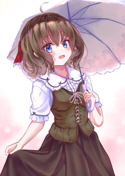 1girl ahoge amatsutsumi blue_eyes blush brown_hair brown_skirt brown_vest charcoa72170283 collared_shirt commentary highres holding holding_umbrella lace-trimmed_umbrella long_skirt looking_at_viewer medium_hair minazuki_hotaru_(amatsutsumi) open_mouth parasol shirt short_sleeves skirt skirt_hold solo standing umbrella vest white_shirt white_umbrella