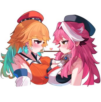 2girls animal_ear_fluff animal_ears aqua_hair bare_shoulders beret black_hat blush breast_press breasts clulless commentary detached_sleeves earrings english_commentary extra_ears feather_earrings feathers food from_side hat heart highres hololive hololive_english jewelry large_breasts long_hair multicolored_hair multiple_girls orange_hair orange_hat panther_ears pink_hair pocky pocky_kiss profile raora_panthera raora_panthera_(1st_costume) red_eyes shared_food simple_background symmetrical_docking takanashi_kiara takanashi_kiara_(1st_costume) two-tone_hair upper_body virtual_youtuber white_background white_hair yellow_eyes yuri