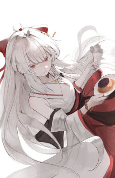 1girl absurdres aged_down bow closed_mouth commentary_request deardd detached_sleeves food hair_bow hakama hakama_skirt highres hiyuki_(wuthering_waves) holding holding_plate holding_spoon japanese_clothes kimono long_sleeves plate pudding red_bow red_eyes red_hakama skirt solo spoon white_kimono wide_sleeves wuthering_waves