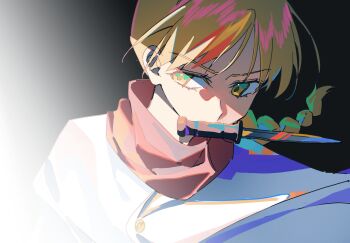 1girl blonde_hair braid chi.:_chikyuu_no_undou_ni_tsuite cloak dress furrowed_brow gradient_background highres jolenta k_morghania knife knife_in_mouth long_hair pink_dress single_braid solo turtleneck turtleneck_dress upper_body white_cloak yellow_eyes