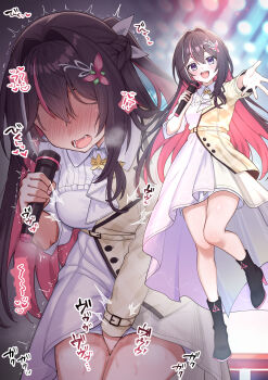 1girl absurdres asymmetrical_sidelocks azki_(4th_costume)_(hololive) azki_(hololive) between_legs black_hair braid breasts colored_inner_hair commentary_request double-parted_bangs dress frilled_overskirt hair_between_eyes hair_intakes hair_ornament half_up_half_down_braid hand_between_legs high-low_dress highres holding holding_microphone hololive implied_masturbation kokemomo_(makesound) long_hair microphone multicolored_hair multiple_views official_alternate_costume open_mouth pink_hair purple_eyes pussy_juice sidelocks smile streaked_hair translation_request trembling very_long_hair virtual_youtuber white_dress white_hair