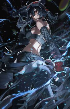 1girl absurdres arm_pouch ass asymmetrical_gloves belt black_background black_hair black_pants black_sports_bra closed_mouth commentary commission crop_top english_commentary explosive fingerless_gloves fishnet_gloves fishnets from_behind gloves glowing goggles goggles_on_head grace_howard grenade grey_belt gun highres holding holding_gun holding_weapon light_particles median_furrow meltyrice mismatched_gloves pants red_eyes single_fingerless_glove smile solo sports_bra weapon zenless_zone_zero