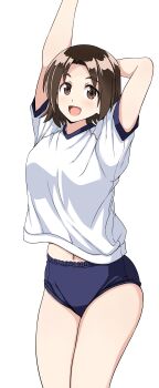 1girl absurdres blue_buruma blush breasts brown_eyes brown_hair buruma commentary_request girls_und_panzer gym_uniform highres large_breasts looking_at_viewer navel open_mouth ponzu_rui sawa_azusa shirt short_hair simple_background smile solo standing white_background white_shirt