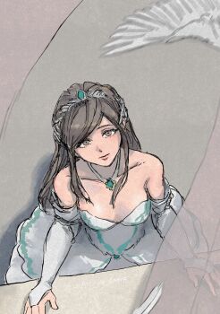 1girl bare_shoulders bird breasts bridal_gauntlets brown_eyes brown_hair commentary_request dress falling_feathers feathers final_fantasy final_fantasy_ix from_above garnet_til_alexandros_xvii gem green_gem highres jewelry long_hair looking_at_viewer looking_up medium_breasts necklace pulupulupoodle silver_necklace solo strapless strapless_dress swept_bangs tiara white_dress