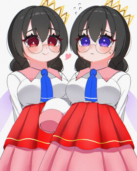 Rule 34 | alt 0218, black hair, blush, braid, commentary, crown, dual persona, fairy, fairy wings, flying sweatdrops, glasses, grey background, highres, kirby (series), kirby 64, long hair, long skirt, low twin braids, nintendo, pink skirt, purple eyes, red eyes, ripple star queen, simple background, skirt, sleeves past fingers, sleeves past wrists, smile, symbol-only commentary, twin braids, wings