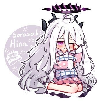 1girl ahoge barefoot blue_archive blush chibi closed_mouth demon_girl demon_horns hair_between_eyes halo hina_(blue_archive) horns hugging_object long_hair long_sleeves looking_at_viewer multiple_horns nuansede_kekeya official_alternate_costume one_eye_closed pajamas pillow pillow_hug pink_pajamas pleated_skirt polka_dot purple_eyes rubbing_eyes sidelocks sitting skirt solo very_long_hair wariza white_background white_hair