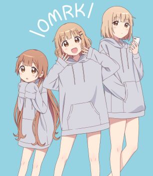 3girls :d alternate_costume bare_legs blonde_hair blue_background brown_eyes brown_hair cellphone chinagon_81 commentary copyright_name cowboy_shot d: english_text fang feet_out_of_frame gradient_eyes grey_hoodie hair_ornament hairclip hand_in_pocket hand_up hands_up highres holding holding_phone hood hood_down hoodie knees light_blush long_hair looking_at_viewer multicolored_eyes multiple_girls no_pants oomuro-ke oomuro_hanako oomuro_nadeshiko oomuro_sakurako open_mouth oversized_clothes own_hands_together parallel_hairclips phone pocket short_hair siblings simple_background sisters sleeves_past_fingers sleeves_past_wrists smartphone smile tareme yellow_eyes yuruyuri