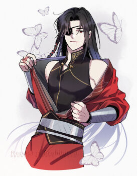 1boy bare_shoulders belt bishounen black_hair black_shirt bracelet braid bug butterfly chinese_clothes closed_mouth eyepatch fduki_maro glowing_butterfly hair_over_one_eye hair_ribbon highres hua_cheng insect jewelry long_hair looking_at_viewer male_focus mandarin_collar off_shoulder one_eye_covered open_clothes parted_bangs pointy_ears red_eyes ribbon ribbon_braid shirt side_braid silver_belt silver_bracelet simple_background single_braid sleeveless sleeveless_shirt smile solo string string_around_finger string_of_fate tianguan_cifu twitter_username undressing upper_body very_long_hair watermark white_background white_butterfly