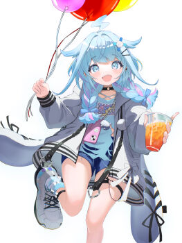 123haruno_oto 1girl absurdres ahoge ankle_strap balloon black_choker blue_eyes blue_hair blue_shirt blue_shorts blue_socks blunt_bangs blush braid braided_twintails choker clothes_writing commentary_request cup hair_flaps hair_ornament hairclip heart heart_o-ring highres holding holding_balloon holding_cup hololive hololive_dev_is hood hood_down hooded_jacket incoming_drink jacket large_shoes lightning_ahoge long_hair looking_at_viewer loose_socks low_twin_braids low_twintails mizumiya_su mizumiya_su_(1st_costume) o-ring o-ring_choker o-ring_thigh_strap open_mouth pink_streaks raised_eyebrows reaching reaching_towards_viewer running_towards_viewer shirt shoes short_shorts shorts simple_background smile sneakers socks solo standing standing_on_one_leg striped_clothes striped_socks t-shirt teeth thigh_strap torn_clothes torn_shirt twin_braids twintails upper_teeth_only virtual_youtuber white_background white_jacket white_shoes