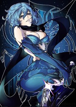 1girl black_scarf blue_background blue_eyes blue_hair blue_sleeves breasts commentary detached_sleeves drag-on_dragoon drag-on_dragoon_3 english_commentary eyelashes hair_between_eyes highres large_breasts outline scarf short_hair smile solo two_(drag-on_dragoon) white_outline zorb11s