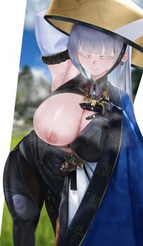 1girl absurdres armpits arms_up asymmetrical_clothes black_pantyhose breasts closed_eyes closed_mouth colored_eyelashes goddess_of_victory:_nikke grey_hair hand_on_own_chest hat highres huge_breasts jingasa long_hair nayuta_(nikke) nipples one_breast_out pantyhose ryuvie shiny_skin smile solo standing steam white_eyelashes white_hair wide_sleeves