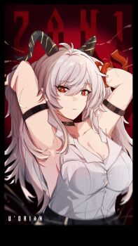 1girl absurdres arm_strap arms_up artist_name black_choker black_horns breasts button_gap character_name choker closed_mouth collarbone commentary curled_horns english_commentary grey_hair hair_between_eyes highres horns large_breasts long_hair looking_at_viewer mole mole_on_breast mole_under_eye red_eyes shirt shirt_tucked_in solo udrxan white_shirt wuthering_waves zani_(wuthering_waves)