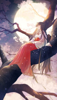 1girl absurdres artist_name black_hair closed_eyes closed_mouth commentary_request full_body full_moon hakama hakama_skirt hand_rest highres inuyasha japanese_clothes kikyou_(inuyasha) kimono long_hair long_sleeves miko moon night night_sky nmttak on_tree red_ribbon red_skirt ribbon ribbon-trimmed_sleeves ribbon_trim skirt sky solo tree very_long_hair white_kimono wide_sleeves
