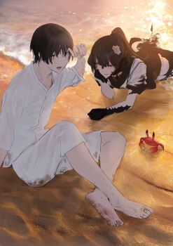 1boy 1other asahi_sas_brutus au_ra beach black_gloves black_hair black_scales blush commission commissioner_upload crab final_fantasy final_fantasy_xiv flower gloves hair_flower hair_ornament high_ponytail highres hyur looking_at_another looking_at_viewer nozouko pants partially_submerged ponytail sand shirt sleeves_rolled_up summer warrior_of_light_(ff14) water white_pants white_shirt