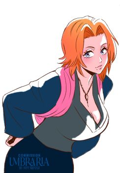 Rule 34 | 1girl, bleach, blue eyes, breasts, cleavage, commission, large breasts, looking at viewer, matsumoto rangiku, medium hair, mole, mole under mouth, orange hair, solo, umbraria
