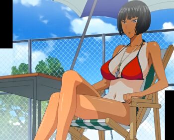 Rule 34 | 1girl, bikini, blue eyes, bob cut, bokura no sex, breasts, chair, cleavage, crossed legs, highres, large breasts, legs, lifeguard, natsu kaori (bokura no sex), navel, one-piece tan, red bikini, short hair, sitting, solo, stitched, swimsuit, tan, tanline, thighs, third-party edit, whistle