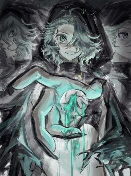 Rule 34 | 1other, ambiguous gender, arknights, black cloak, canglengyue, cape, capelet, cloak, closed mouth, commentary request, crop top, green eyes, green hair, grey hair, hair over one eye, highres, hood, hood up, hooded cape, hooded capelet, hooded cloak, looking at viewer, multiple views, one eye covered, outstretched arm, reaching, reaching towards viewer, short hair, skull, smile, solo, the damazti cluster (arknights), torn clothes, upper body