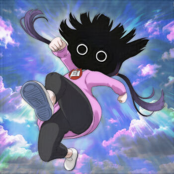 Rule 34 | 1girl, black leggings, blue shirt, cloud, darkness, emphasis lines, from below, imminent punch, jumping, kaya-chan wa kowakunai, kindergarten uniform, leggings, long hair, long sleeves, looking at viewer, looking down, low twintails, name tag, purple hair, purple sweater, satou kaya, shirt, shoes, sky, sweater, t jiroo (ringofriend), twintails, uwabaki, white eyes, white shoes