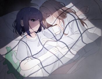 2girls blue_eyes blue_hair blush brown_hair closed_eyes collared_shirt commentary cuddling grabbing_another's_breast groping highres long_hair looking_at_another miyagi_shiori multiple_girls one_eye_closed parted_lips pillow sendai_hazuki shirt shuuniichido_classmate_wo_kau_hanashi sleeping stuffed_animal stuffed_crocodile stuffed_toy touka127430 under_covers white_shirt window_shadow yuri