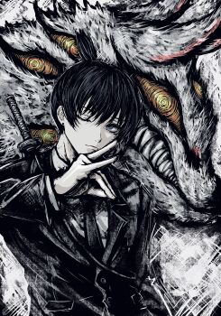 1boy absurdres black_hair black_suit chainsaw_man closed_mouth earrings formal_clothes fox_devil_(chainsaw_man) fox_shadow_puppet grey_eyes hayakawa_aki highres jacket jewelry necktie one_eye_closed stud_earrings suit suit_jacket sword sword_on_back topknot tsukihi_shida weapon weapon_on_back