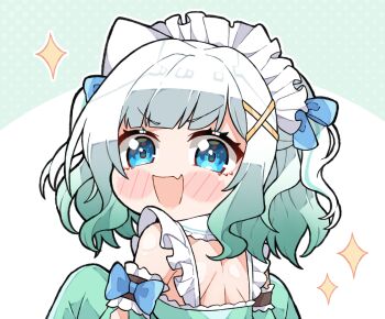 Rule 34 | 1girl, :d, blue bow, blue eyes, blush, bow, chibi, commentary, detached sleeves, english commentary, fang, from behind, gradient hair, green background, green hair, hair ornament, highres, indie virtual youtuber, kukie-nyan, looking at viewer, looking back, maid headdress, mint fantome, mint fantome (minto 2.0), multicolored hair, open mouth, short hair, sidelocks, sleeve garter, smile, solo, sparkle, triangular headpiece, two-tone background, two-tone hair, upper body, very long sleeves, virtual youtuber, white background, white hair, x hair ornament
