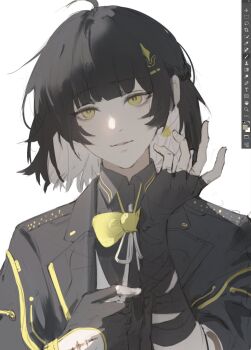 1girl art_program_in_frame black_gloves black_hair black_jacket colored_inner_hair commentary elyzerda english_commentary female_rover_(wuthering_waves) gloves highres jacket looking_at_viewer multicolored_hair official_alternate_costume parted_lips rover_(wuthering_waves) smile solo tacet_mark_(wuthering_waves) unfinished upper_body white_hair wuthering_waves yellow_eyes