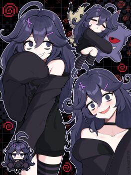 1girl :d ahoge alternate_breast_size_(larger) alternate_costume bags_under_eyes black_choker black_hair chibi choker collarbone commentary_request gen_1_pokemon gen_7_pokemon gengar grin hair_between_eyes hair_ornament hairclip head_tilt hex_maniac_(pokemon) hex_maniac_(pokemon_xy) highres hug long_hair long_sleeves mimikyu multiple_views nintendo open_mouth outline pixel_art pokemon pokemon_(creature) pokemon_xy sleeves_past_fingers sleeves_past_wrists smile socks striped_clothes striped_socks striped_thighhighs teeth thighhighs vickie_(cryingrobot) x_hair_ornament
