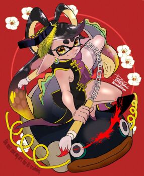 Rule 34 | + +, 1girl, bare shoulders, breasts, callie (splatoon), chinese clothes, dress, earrings, isamu-ki (yuuki), jewelry, nintendo, paintbrush, pointy ears, short dress, sleeveless, splatoon (series), tentacle hair, twintails, yellow eyes, zapfish