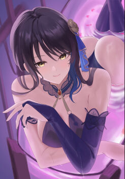 1girl absurdres ass azur_lane bare_shoulders bathtub bikini black_hair blue_bikini closed_mouth commentary_request dead_or_alive dead_or_alive_xtreme dead_or_alive_xtreme_venus_vacation hair_over_one_eye highres long_hair looking_at_viewer luckyyeah official_alternate_costume shandy_(an_enchanting_sip)_(doa) shandy_(doa) smile solo swimsuit yellow_eyes