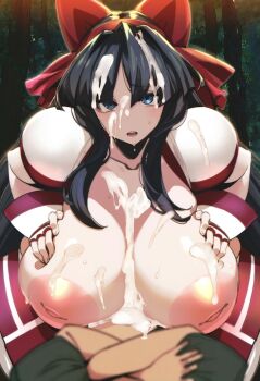 1boy 1girl after_paizuri ainu_clothes black_hair blue_eyes breasts breasts_out cum cum_on_body cum_on_breasts cum_on_hair cum_on_upper_body cumdrip facial fingerless_gloves gloves grabbing_own_breast hair_ribbon highres huge_breasts inverted_nipples long_hair looking_at_viewer nakoruru nipples open_mouth paizuri pov ribbon samurai_spirits snk sweat teeth the_king_of_fighters tongue