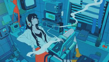 1girl bandaid bandaid_on_face bathtub black_hair black_shirt blue_eyes bottle bra cable can cigarette closed_mouth collarbone commentary computer computer_keyboard english_commentary eyepatch hair_between_eyes headphones heart heart_print highres holding holding_cigarette hood hoodie in_bathtub indoors lan_(ngtblan) long_hair long_sleeves looking_up one_eye_covered original partially_unzipped phone shirt smoke socks solo stereo television underwear unworn_bra white_hoodie window yellow_socks zipper zipper_pull_tab