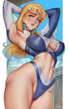 1girl abs absurdres alternate_breast_size_(larger) armpits arms_behind_head blonde_hair blue_eyes blush breasts commentary english_commentary eyewear_on_head fantastic_four highres large_breasts long_hair looking_at_viewer marvel marvel_rivals navel official_alternate_costume sherylnome signature solo sue_storm sue_storm_(azure_shade) sunglasses swimsuit