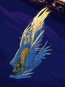 2girls absurdres angel_wings blonde_hair chibi commentary_request dress feathered_wings flying full_body highres long_hair multiple_girls night omitasi original outdoors sky star_(sky) starry_sky white_wings wings