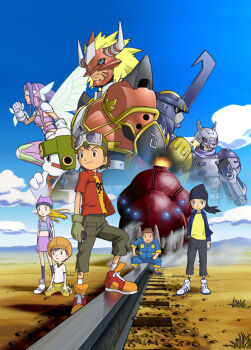 Rule 34 | 00s, 1girl, 4boys, agnimon, armor, bandana, black hair, blitzmon, blonde hair, blue armor, blue bandana, blue eyes, blue footwear, blue jacket, blue jumpsuit, blue socks, brown eyes, brown hair, butterfly wings, chackmon, cleaned, digimon, digimon (creature), digimon frontier, dual persona, fairimon, fang, gloves, goggles, goggles on headwear, green eyes, green hat, green headwear, hat, himi tomoki, insect wings, jacket, jumpsuit, kanbara takuya, key visual, kneehighs, long hair, minamoto kouji, monster, multiple boys, nakatsuru katsuyoshi, navel, official art, orange shoes, orimoto izumi, pink hat, pink jacket, pink skirt, poster (medium), print shirt, promotional art, purple hair, purple socks, railroad tracks, red armor, red jacket, scarf, shibayama junpei, shirt, shoes, skirt, sky, sneakers, socks, striped clothes, striped shirt, toei company, trailmon, white footwear, white shirt, white socks, wings, wolfmon, yellow shirt