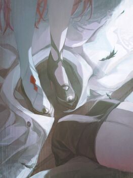 2girls black_pantyhose clothes_on_floor clothes_pull commentary elizabeth_rose_bloodflame english_commentary feathers high_heels highres hololive hololive_english jacket kolario legs long_hair multiple_girls pantyhose pantyhose_pull red_hair shoes single_thighhigh sitting standing thighhighs unworn_jacket very_long_hair virtual_youtuber white_jacket white_thighhighs