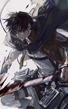 1boy absurdres belt black_eyes black_hair blood blood_on_face bloody_weapon brown_jacket cape cloak curtained_hair dual_wielding emblem evl_1230 green_cloak highres holding jacket levi_(shingeki_no_kyojin) male_focus paradis_military_uniform shingeki_no_kyojin shirt short_hair simple_background solo survey_corps_(emblem) sword thigh_strap three-dimensional_maneuver_gear weapon white_background