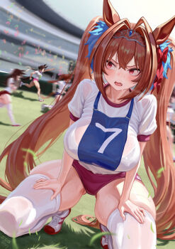 1girl 5girls absurdres animal_ears blush bow breasts brown_hair buruma character_request daiwa_scarlet_(umamusume) hair_bow hair_intakes highres horse_ears horse_girl horse_tail large_breasts long_hair looking_to_the_side multiple_girls open_mouth red_bow red_buruma red_eyes running shirt shoes short_sleeves sneakers solo_focus squatting sui_yamami tail thighhighs thighs tiara twintails umamusume very_long_hair white_shirt white_thighhighs