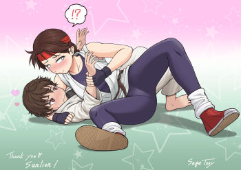 !? 1boy 1girl age_difference artist_name barefoot braid braided_ponytail breasts brown_eyes brown_hair dougi english_text fighting fingerless_gloves gloves headband hetero karate_gi leggings long_hair martial_arts_belt matching_hair/eyes medium_breasts mixed-sex_combat onee-shota red_headband ryuuko_no_ken sage_tory sash shoes shota sneakers snk spandex speech_bubble the_king_of_fighters thighs yuri_sakazaki