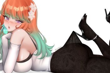 1girl absurdres alternate_costume anklet bare_shoulders blush breasts cleavage detached_sleeves earrings feather_earrings feathers gloves gradient_hair green_hair hand_on_own_cheek hand_on_own_face helldeer highres hololive jewelry lace_pantyhose_hooked_on_heel_(meme) large_breasts long_hair looking_at_viewer meme multicolored_hair open_mouth orange_hair purple_eyes solo takanashi_kiara twitter_username virtual_youtuber white_background