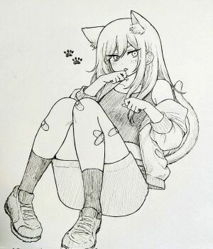 1girl animal_ears aubrey_(faraway)_(omori) aubrey_(omori) bandaid bandaid_on_knee bandaid_on_leg cat_ears cat_girl cat_tail closed_mouth collarbone corrupted_twitter_file crop_top crossed_bandaids denim denim_skirt double-parted_bangs greyscale hair_between_eyes highres jacket kemonomimi_mode long_hair looking_at_viewer mimn_(kdjgxrt1xt69701) monochrome omori shoes short-sleeved_jacket short_sleeves simple_background skirt sneakers socks solo tail tongue tongue_out traditional_media