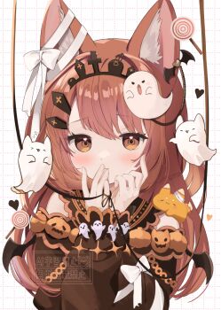 &gt;_&lt; 1girl animal_ear_fluff animal_ears bandaged_ear brown_dress brown_eyes brown_hair candy coffin_hair_ornament commentary covering_own_mouth demon_wings dress food ghost goma_(u_p) grid_background halloween hands_up heart heart_in_eye highres lollipop long_hair looking_at_viewer mini_wings original pumpkin ribbon simple_background symbol_in_eye tiara upper_body watermark white_background wings