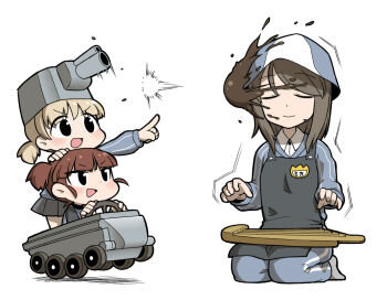 10s aged_down aki_(girls_und_panzer) apron blue_shirt brown_eyes brown_hair bt-42 closed_eyes commentary dress_shirt driving firing full_body girls_und_panzer green_eyes grey_skirt hat instrument jacket kantele light_brown_hair long_hair long_sleeves looking_at_another mansyontintai mika_(girls_und_panzer) mikko_(girls_und_panzer) military military_vehicle miniskirt motor_vehicle mud pants pleated_skirt school_uniform shirt short_hair short_twintails simple_background sitting skirt smile standing striped_clothes striped_shirt tank track_jacket track_pants tulip_hat twintails ume_(noraneko) vertical-striped_clothes vertical-striped_shirt white_background white_shirt