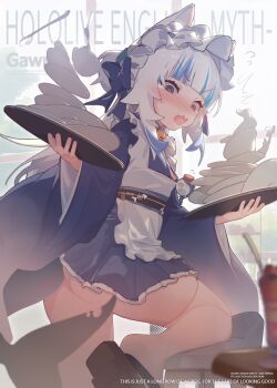 1girl @_@ ^^^ accident ahedtra alternate_costume apron bloop_(gawr_gura) blue_bow blue_eyes blue_hair blue_kimono blunt_bangs blush bow character_name commentary copyright_name cup fang fins fish_tail flying_sweatdrops gawr_gura geta hair_bow highres holding holding_tray hololive hololive_english japanese_clothes kimono looking_down maid_headdress multicolored_hair open_mouth paid_reward_available plate plate_stack pussy pussy_peek shark_tail sidelocks skin_fang solo streaked_hair symbol-only_commentary tail tears thighhighs tray two-tone_hair v-shaped_eyebrows virtual_youtuber wavy_mouth white_apron white_hair white_thighhighs