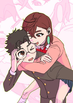 &gt;_o 1boy 1girl absurdres adjusting_eyewear ayase_momo black_choker black_jacket black_pants blue_skirt blush bow bowtie brown_eyes choker collared_shirt couple crossed_bangs dandadan earrings feet_out_of_frame gakuran glasses gold_buttons hair_between_eyes hetero highres hug hug_from_behind jacket jewelry loose_socks medium_hair one_eye_closed openakin pants parted_bangs pink_sweater pleated_skirt red_bow red_bowtie round_eyewear school_uniform shirt short_hair skirt socks sweatdrop sweater takakura_ken_(dandadan) thick_eyebrows upper_body white_shirt white_socks