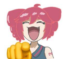 Rule 34 | 1girl, ahoge, black shirt, closed eyes, collared shirt, commentary, drill hair, emoji, english commentary, facing viewer, fang, kasane teto, medium hair, meme, number tattoo, open mouth, pointing, pointing at viewer, portrait, red hair, shirt, shoulder tattoo, simple background, sleeveless, sleeveless shirt, smile, solo, tattoo, twin drills, usarenko, utau, white background